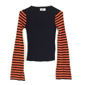 SEEK The Label Black Orange Stripe Ribbed Crewneck Flare Sleeve Top S